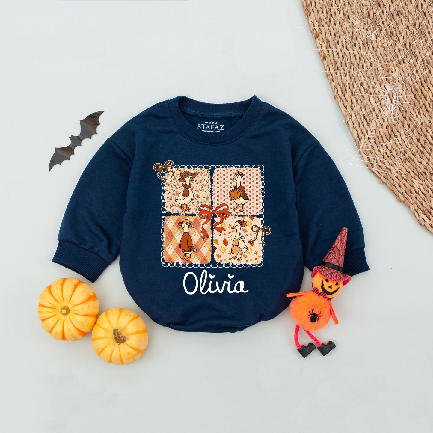 Olivia's Cozy Fall Geese Baby Romper: Pumpkin Spice & Autumn Fun! Halloween Outfit for Baby Girl, Cute Goose Design Fall Clothes