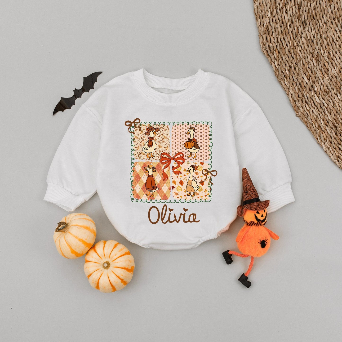 Olivia's Cozy Fall Geese Baby Romper: Pumpkin Spice & Autumn Fun! Halloween Outfit for Baby Girl, Cute Goose Design Fall Clothes
