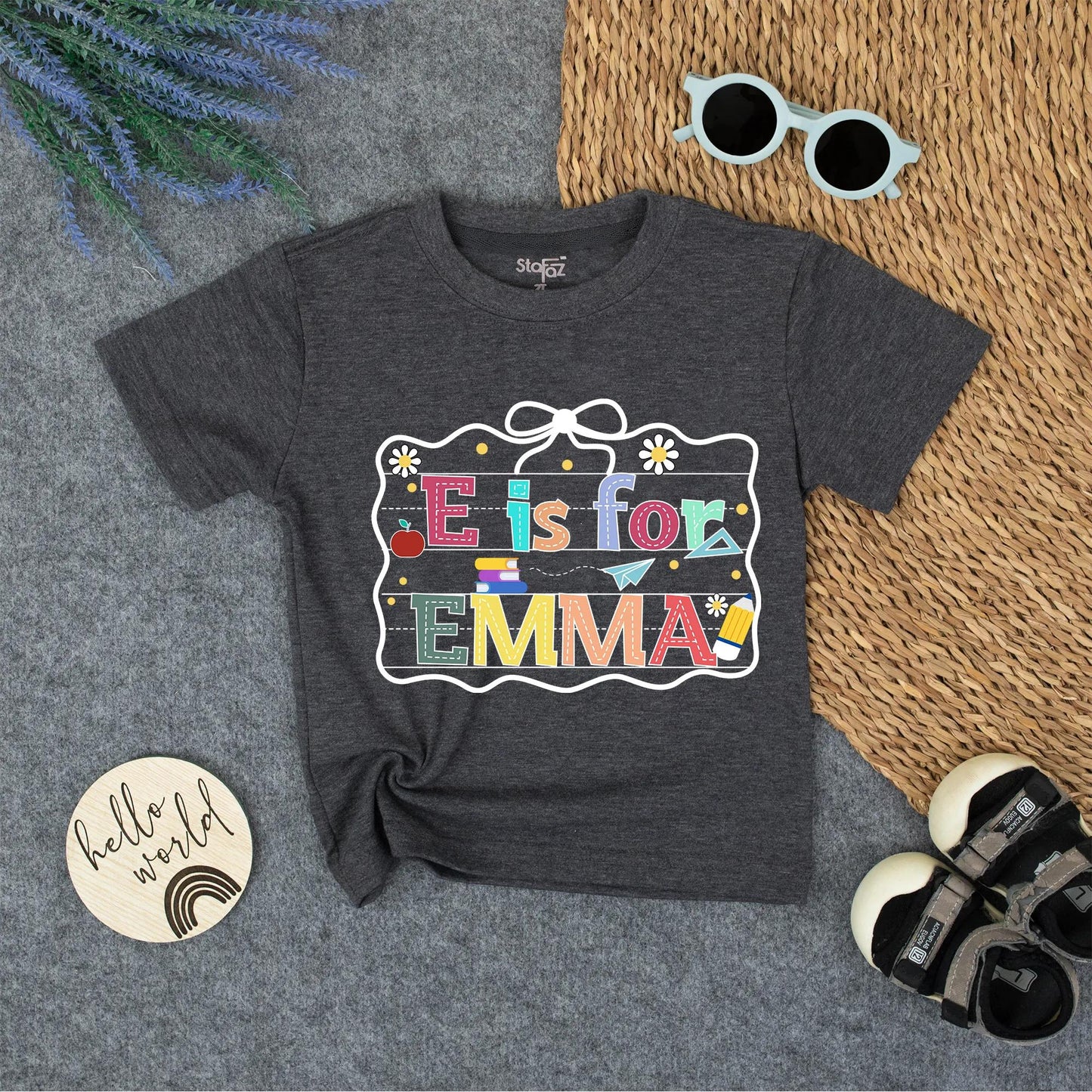 Personalized E is for Emma Back to School Shirt, Colorful Alphabet Name Tee for Kids, Cute Kindergarten Outfit, First Day, School Pencil Apple Design