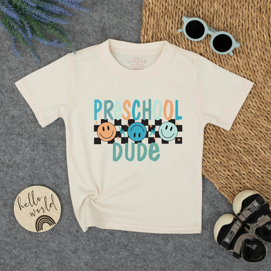 Preschool Dude Retro Tee - Back to School Natural Toddler Shirt with Smiley Faces and Stars, Cute First Day of School Outfit for Boys 134