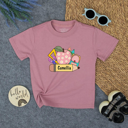 Cute Cartoon Back to School Shirt Personalized with Camellia Pencil Design First Day of School Kindergarten Toddler Youth