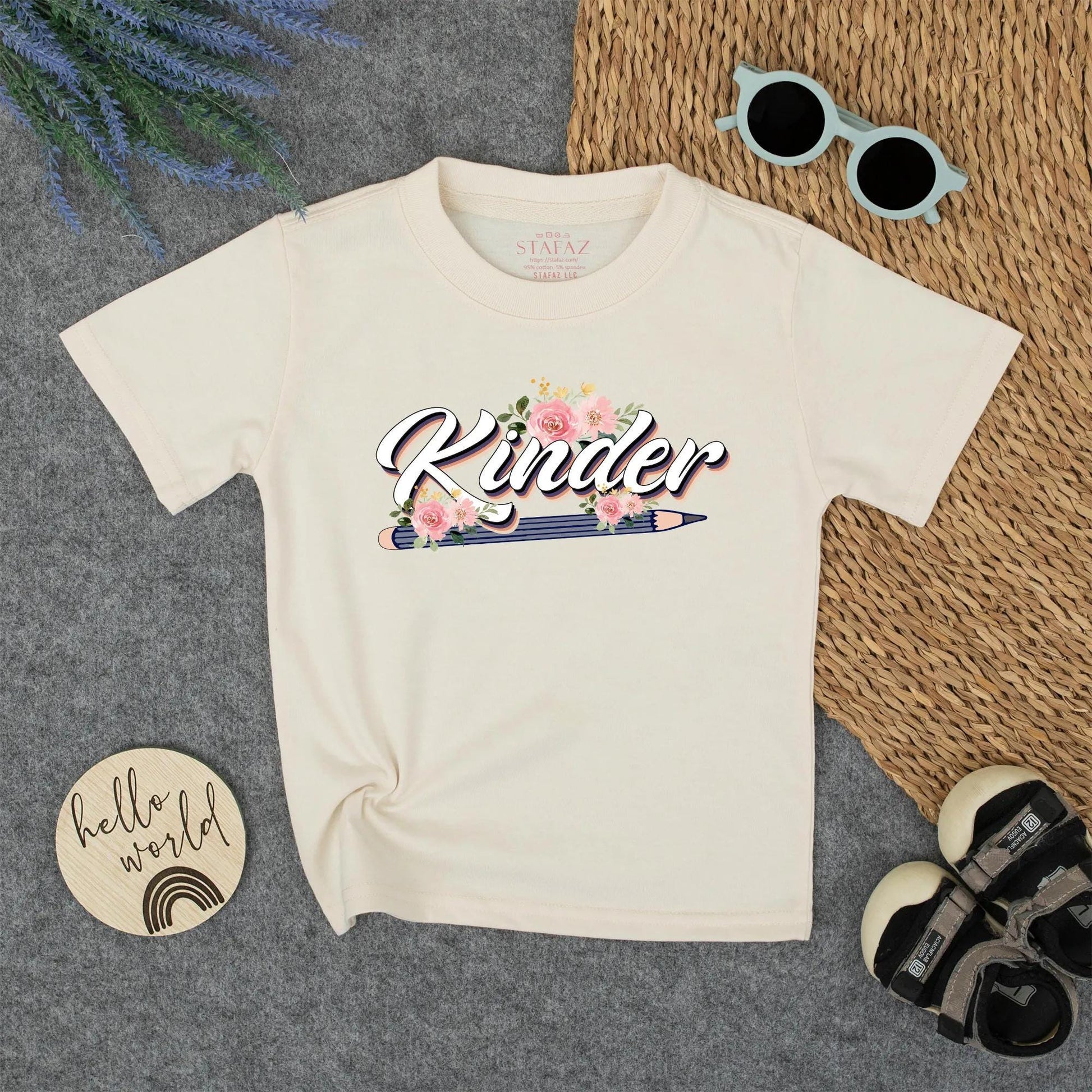 Whimsical Kinder Back to School Boys Shirt for Kindergarten Pre-K First Grade with Blue Pencil & Pink Roses Floral Design Soft Cotton Tee
