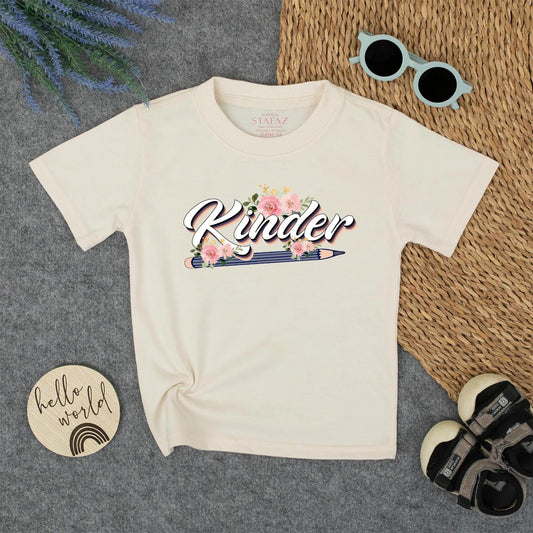 Whimsical Kinder Back to School Boys Shirt for Kindergarten Pre-K First Grade with Blue Pencil & Pink Roses Floral Design Soft Cotton Tee