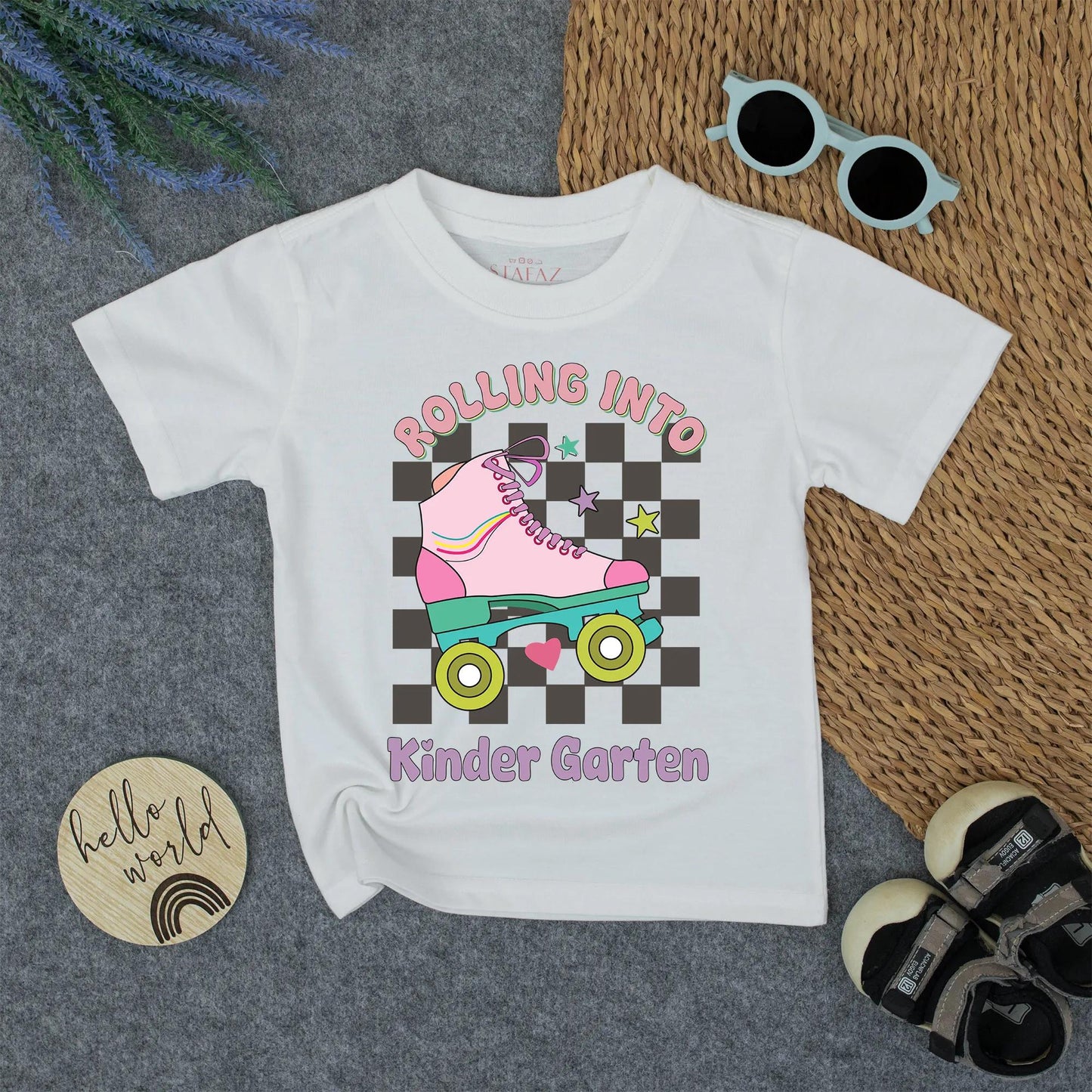Rolling Into Kindergarten Girl Shirt Retro Roller Skate Tee Toddler Outfit First Day of School Pink Teal Rainbow Stripes 140 chars