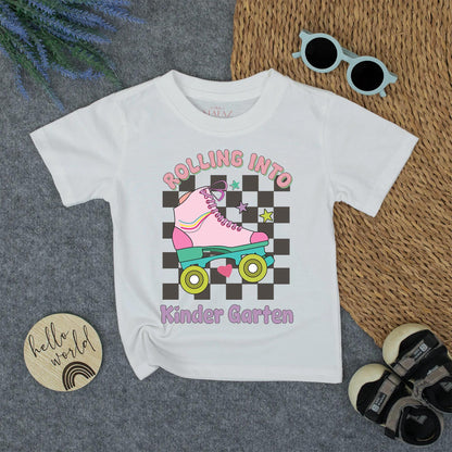 Rolling Into Kindergarten Girl Shirt Retro Roller Skate Tee Toddler Outfit First Day of School Pink Teal Rainbow Stripes 140 chars