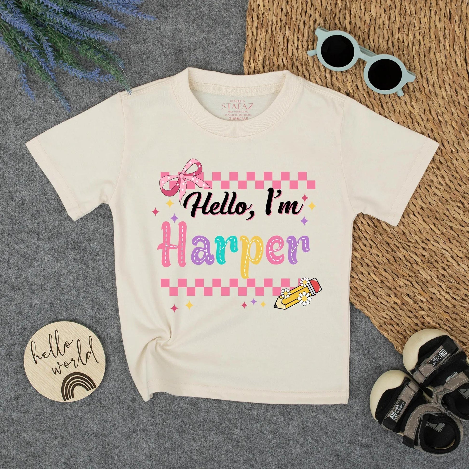 Personalized Back to School Shirt Hello I'm Name Tee, Cute First Day Outfit for Girls, Custom Preschool Top with Checkerboard & Stars (135 chars)