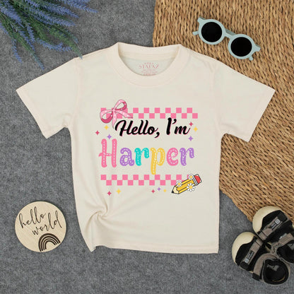 Personalized Back to School Shirt Hello I'm Name Tee, Cute First Day Outfit for Girls, Custom Preschool Top with Checkerboard & Stars (135 chars)