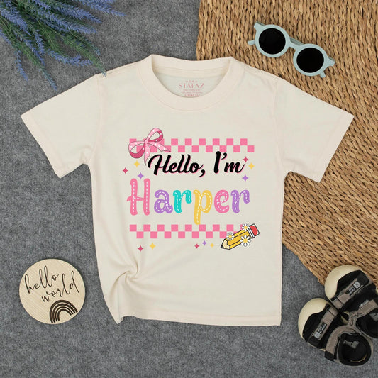Personalized Back to School Shirt Hello I'm Name Tee, Cute First Day Outfit for Girls, Custom Preschool Top with Checkerboard & Stars (135 chars)