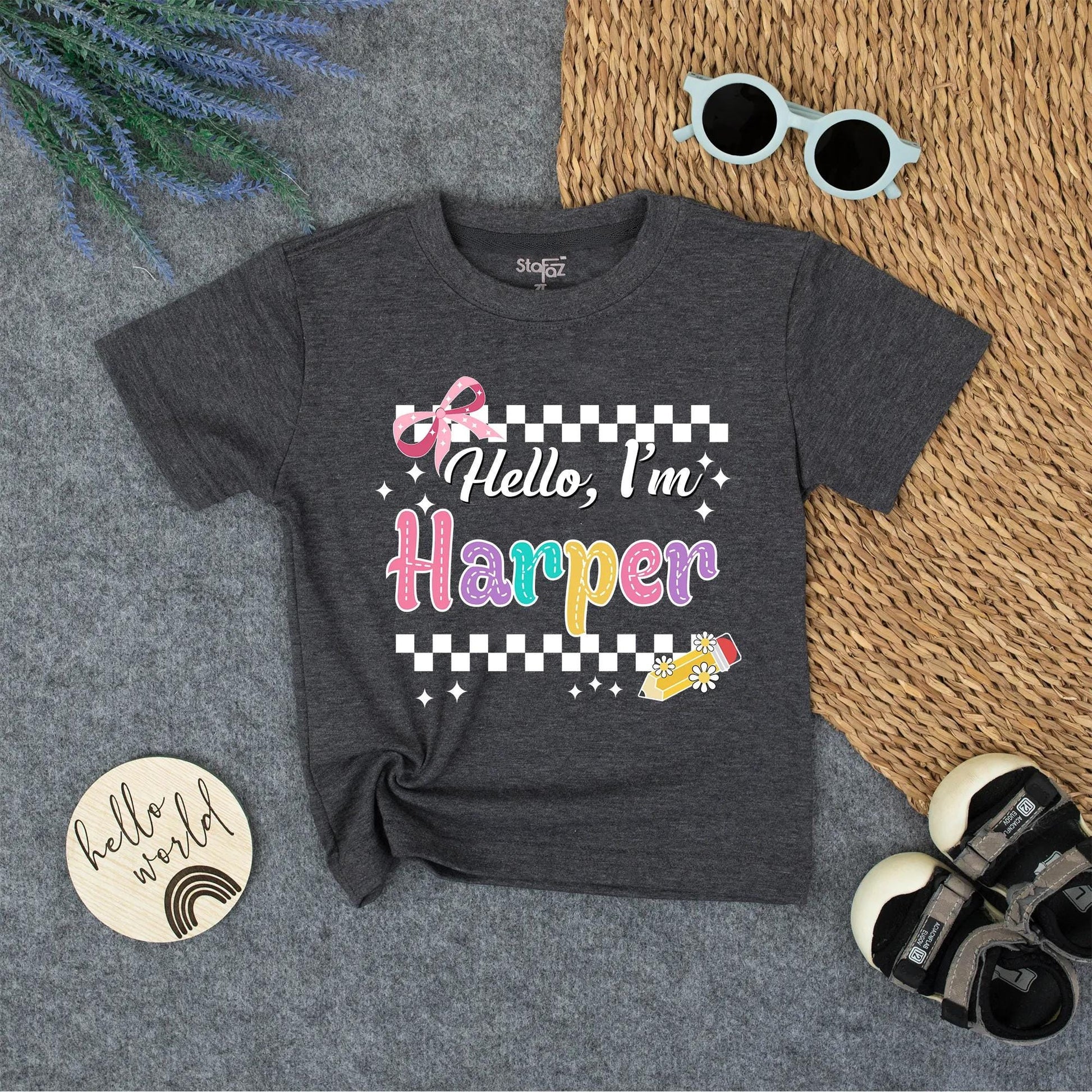 Personalized Back to School Shirt Hello I'm Name Tee, Cute First Day Outfit for Girls, Custom Preschool Top with Checkerboard & Stars (135 chars)