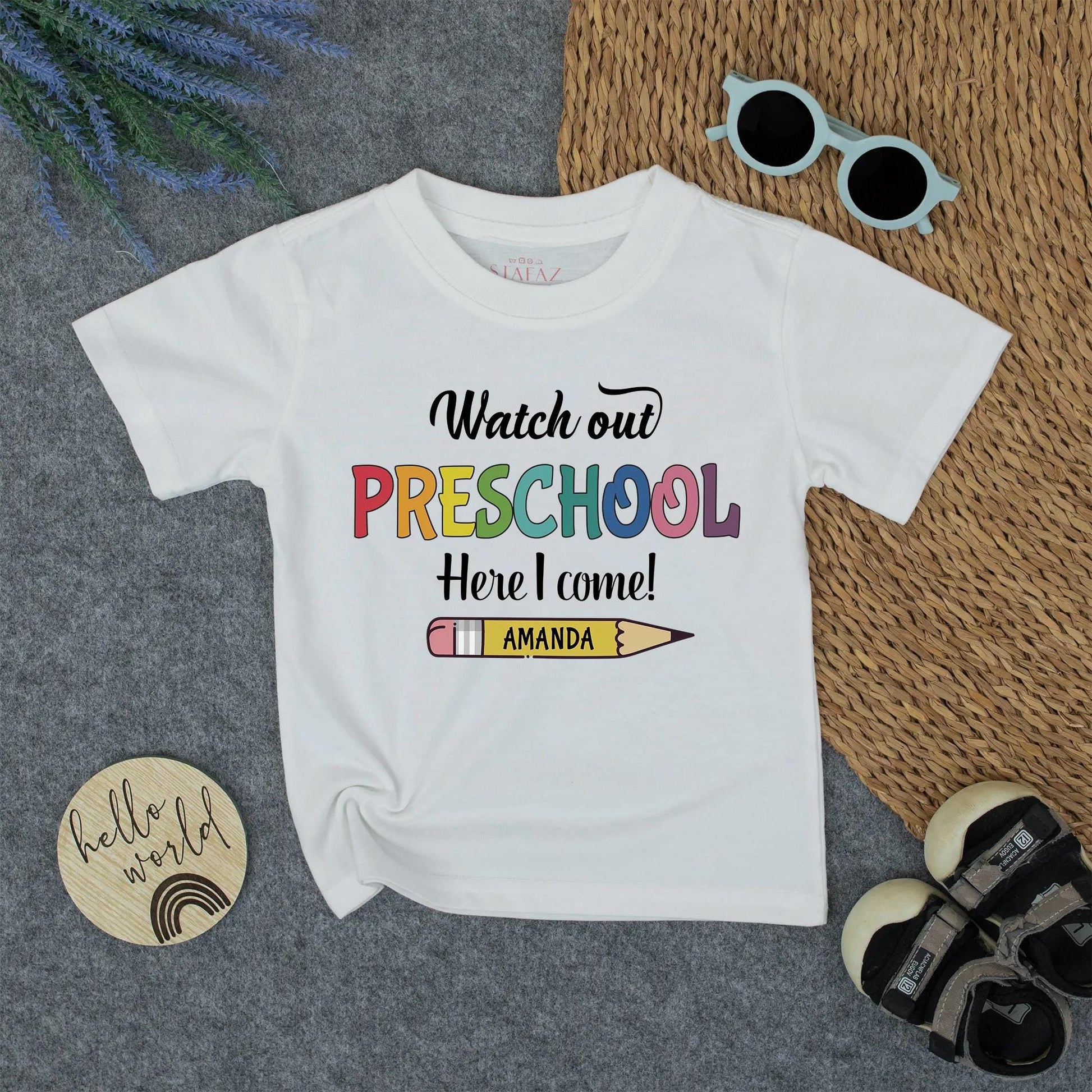 Watch Out Preschool, Here I Come! Shirt Personalized Pencil Back to School Tee First Day Outfit, Rainbow Pre-K Toddler, Custom Name Gift, Kids Clothes