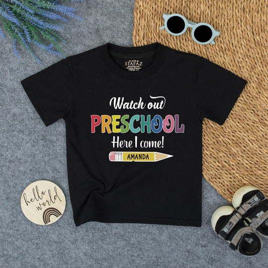 Watch Out Preschool, Here I Come! Shirt Personalized Pencil Back to School Tee First Day Outfit, Rainbow Pre-K Toddler, Custom Name Gift, Kids Clothes