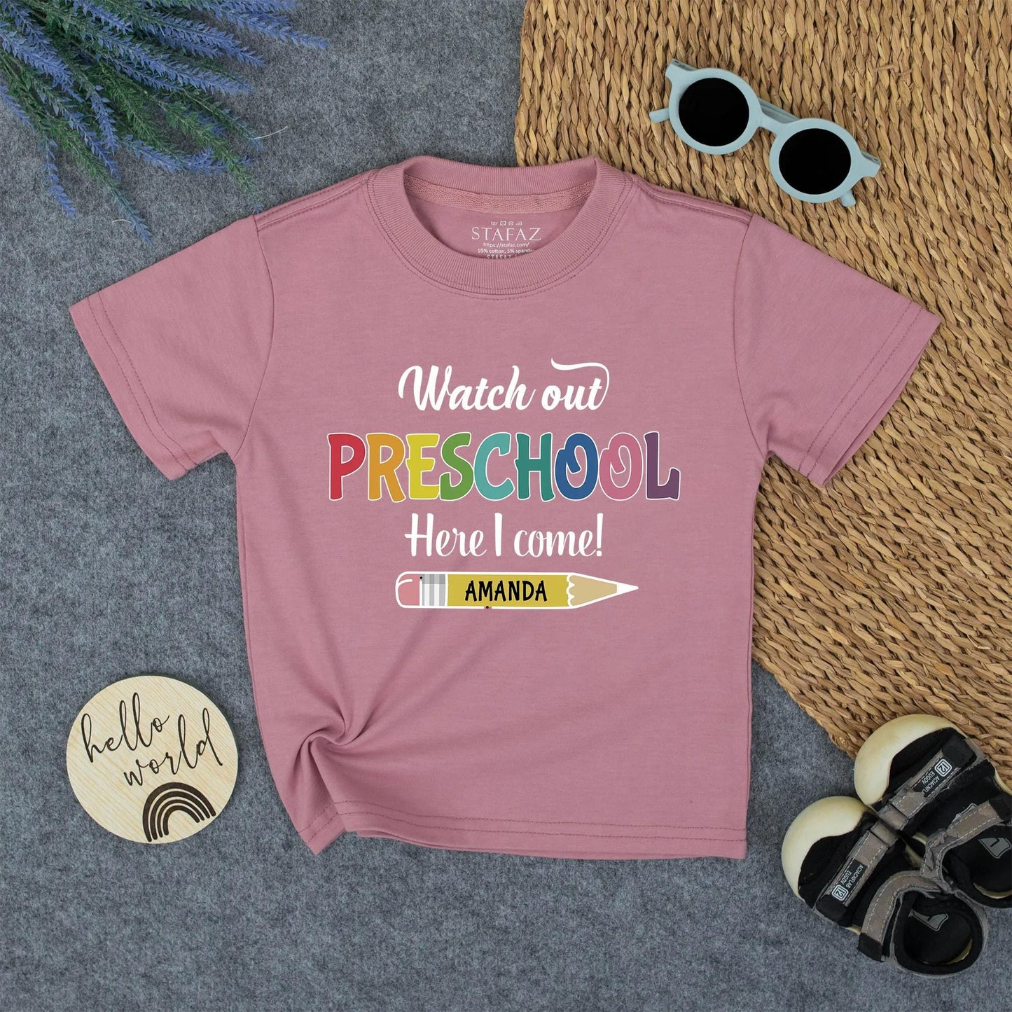 Watch Out Preschool, Here I Come! Shirt Personalized Pencil Back to School Tee First Day Outfit, Rainbow Pre-K Toddler, Custom Name Gift, Kids Clothes