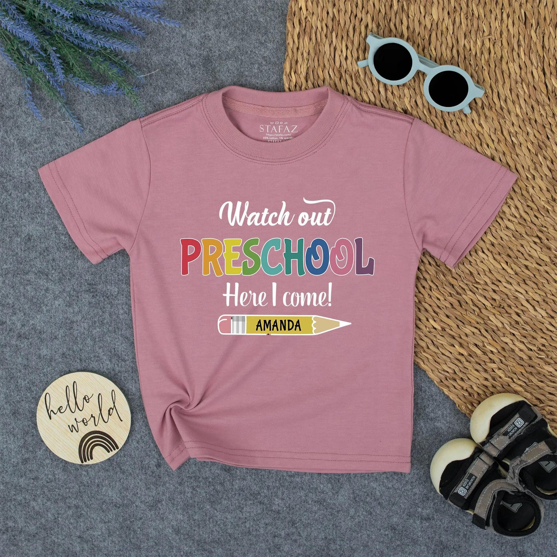 Watch Out Preschool, Here I Come! Shirt Personalized Pencil Back to School Tee First Day Outfit, Rainbow Pre-K Toddler, Custom Name Gift, Kids Clothes