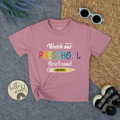 Watch Out Preschool, Here I Come! Shirt Personalized Pencil Back to School Tee First Day Outfit, Rainbow Pre-K Toddler, Custom Name Gift, Kids Clothes
