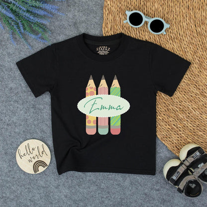 Personalized Kids Back to School Pencil Shirt with Name, whimsical pink polka dot and green striped design for toddler girls first day outfit