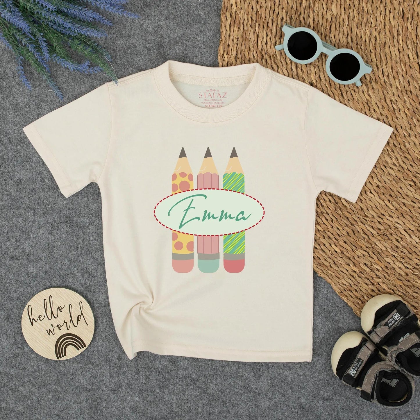 Personalized Kids Back to School Pencil Shirt with Name, whimsical pink polka dot and green striped design for toddler girls first day outfit