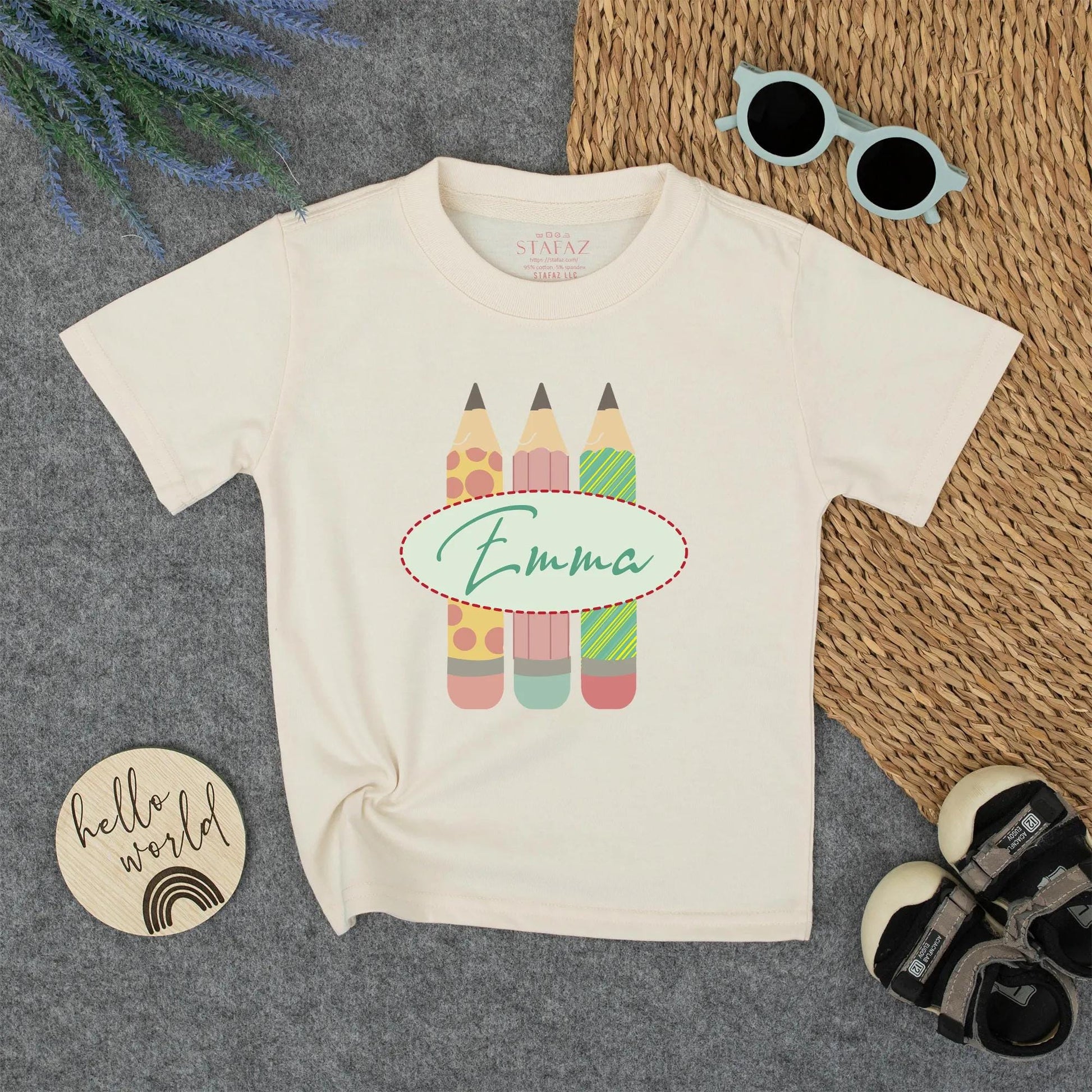 Personalized Kids Back to School Pencil Shirt with Name, whimsical pink polka dot and green striped design for toddler girls first day outfit