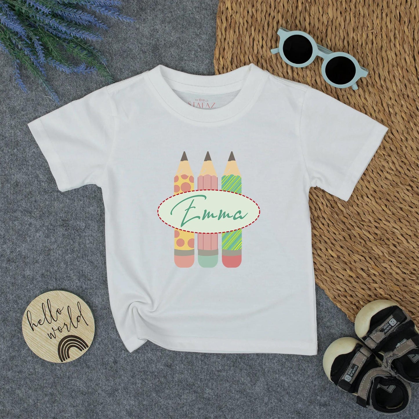Personalized Kids Back to School Pencil Shirt with Name, whimsical pink polka dot and green striped design for toddler girls first day outfit