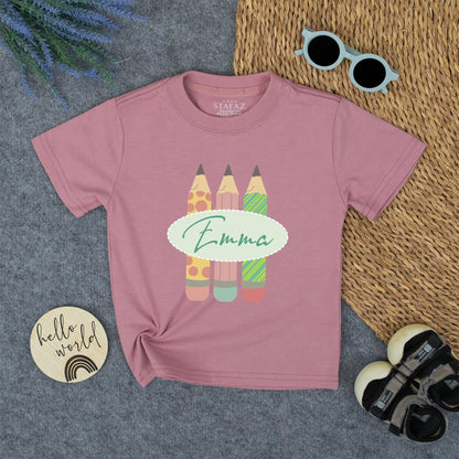 Personalized Kids Back to School Pencil Shirt with Name, whimsical pink polka dot and green striped design for toddler girls first day outfit