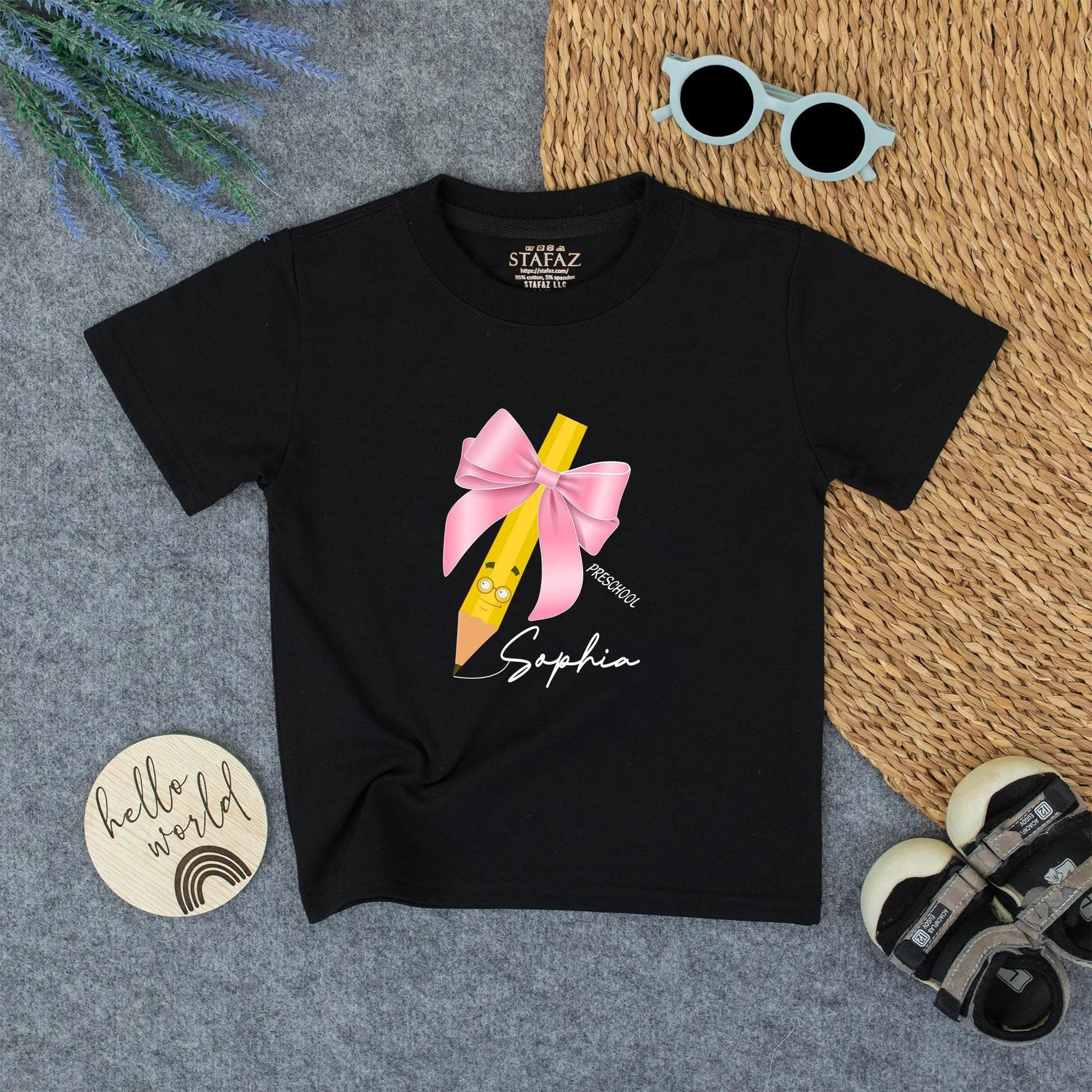 Personalized Cute Yellow Smiling Pencil Back To School Shirt with Pink Bow and Glasses for Girls First Day of Preschool Outfit