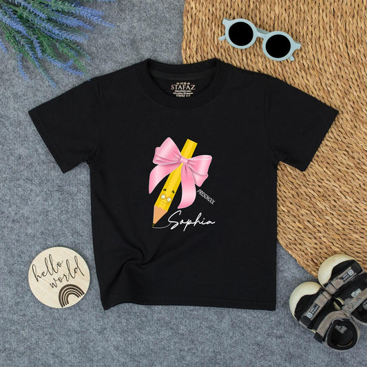 Personalized Cute Yellow Smiling Pencil Back To School Shirt with Pink Bow and Glasses for Girls First Day of Preschool Outfit