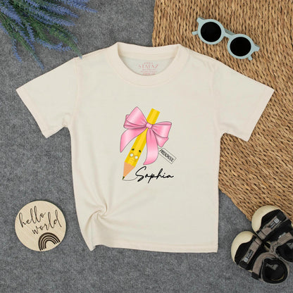 Personalized Cute Yellow Smiling Pencil Back To School Shirt with Pink Bow and Glasses for Girls First Day of Preschool Outfit