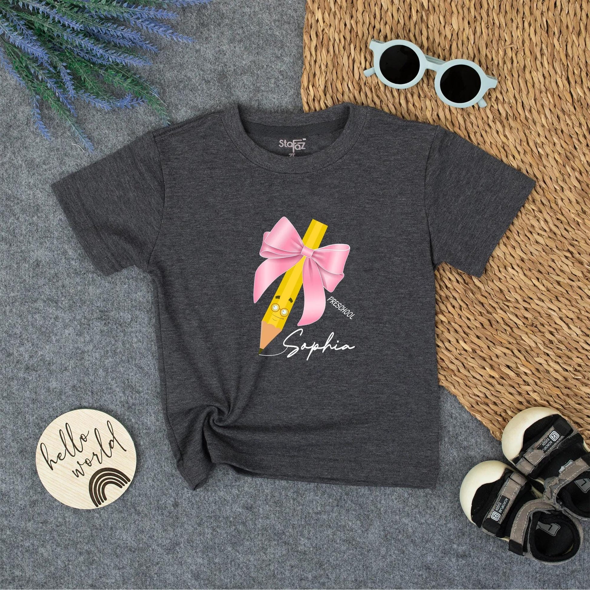 Personalized Cute Yellow Smiling Pencil Back To School Shirt with Pink Bow and Glasses for Girls First Day of Preschool Outfit