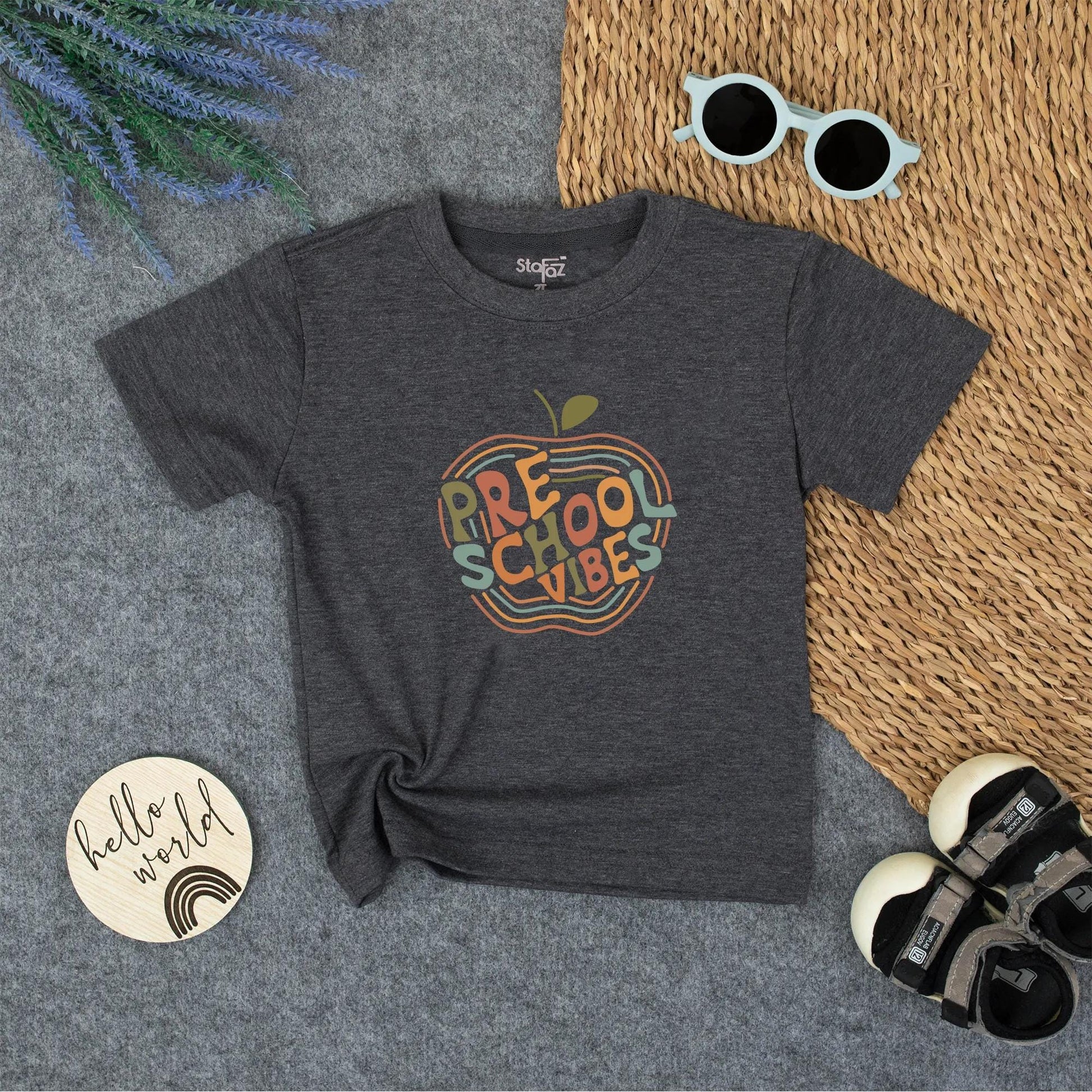 Retro Preschool Vibes Toddler Shirt - Back to School Apple Tee with Wavy Lines - Cute & Comfy for Little Learners (132 characters)