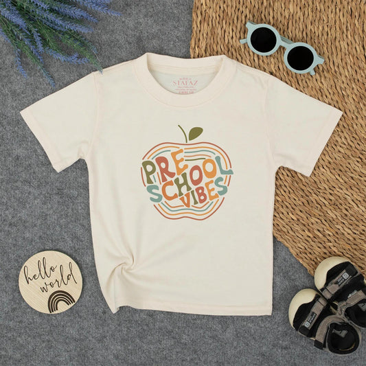 Retro Preschool Vibes Toddler Shirt - Back to School Apple Tee with Wavy Lines - Cute & Comfy for Little Learners (132 characters)