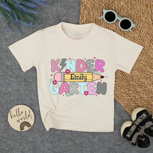 Kindergarten Girl's Custom Name Shirt - Back to School Tee with Whimsical Design - Emily's First Day Gift