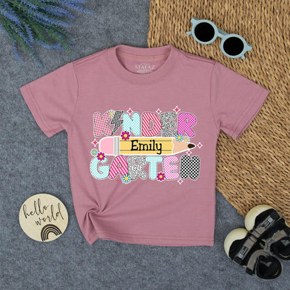 Kindergarten Girl's Custom Name Shirt - Back to School Tee with Whimsical Design - Emily's First Day Gift