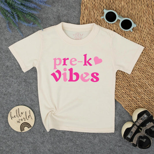 Pre-K Vibes Heart Shirt - Cute Back to School Tee for Toddler Girls, Cheerful Pink Preschool Outfit, Modern First Day of School Tee for Kids (139 chars)