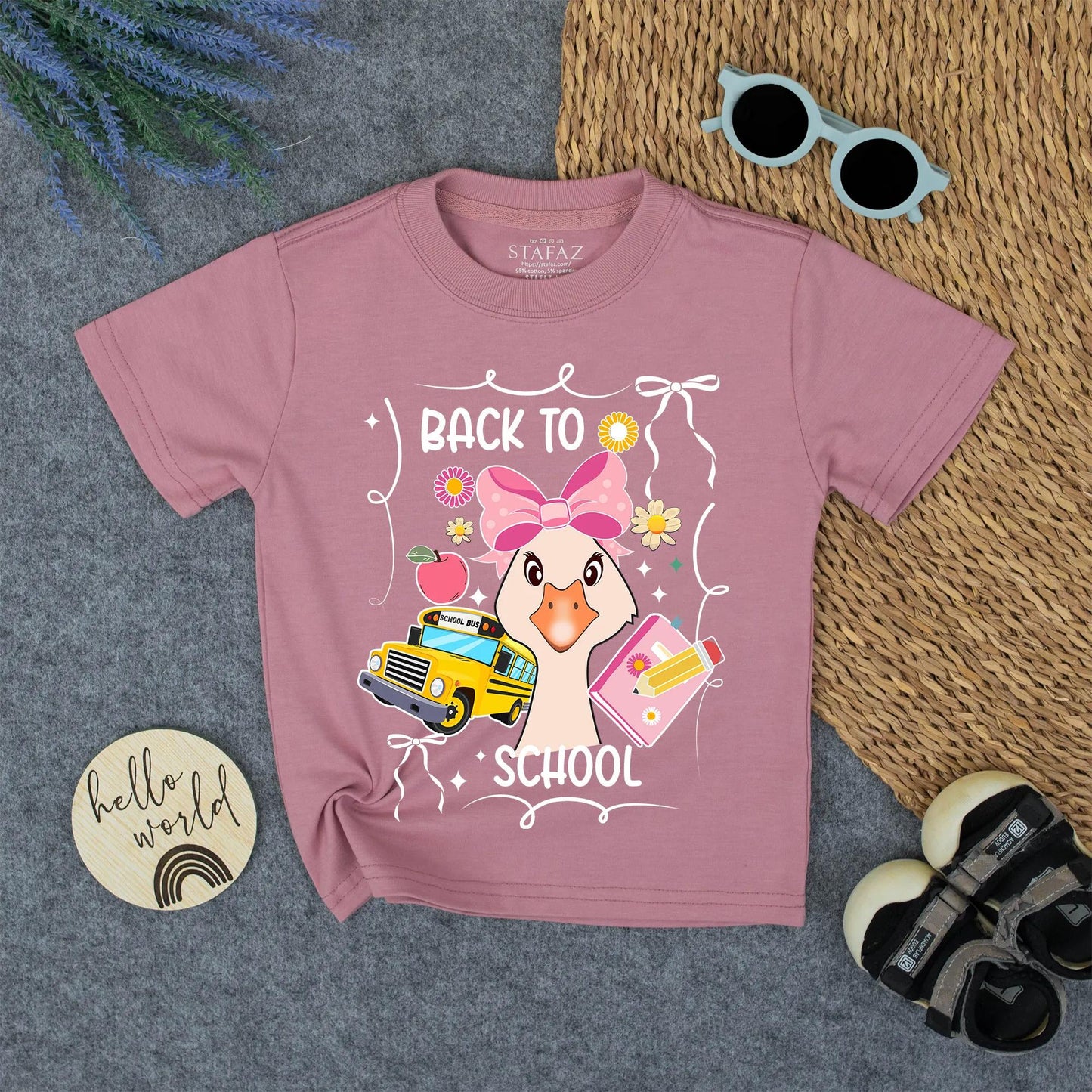Back to School Girl's Shirt with Whimsical Design First Day Tee Pastel Colors & School Bus Print for Kids, Cute Goose!