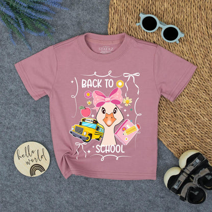 Back to School Girl's Shirt with Whimsical Design First Day Tee Pastel Colors & School Bus Print for Kids, Cute Goose!