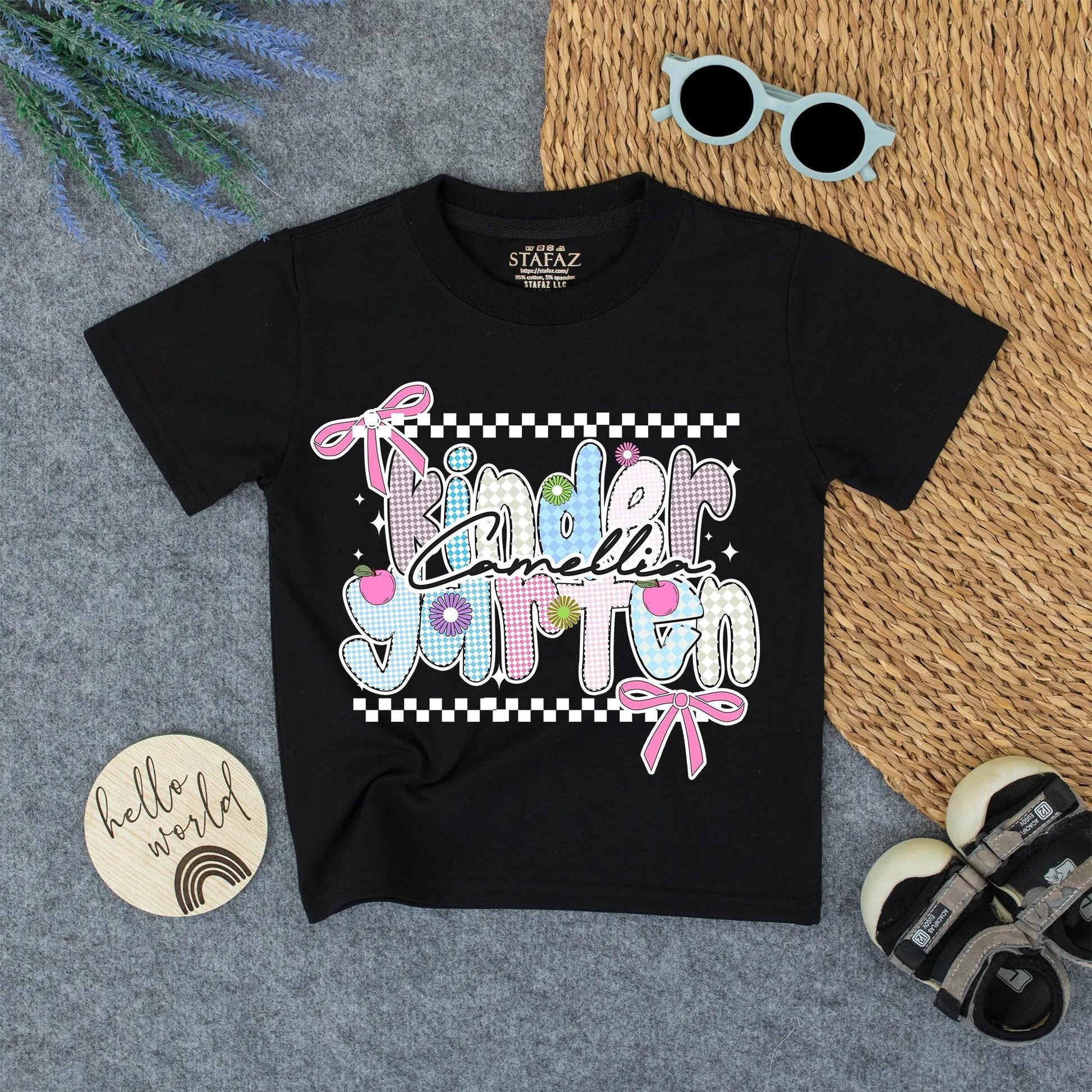 Kindergarten Rainbow Checkerboard Name Shirt Personalized Pink Flower Bows Custom Back To School Girl First Day Outfit