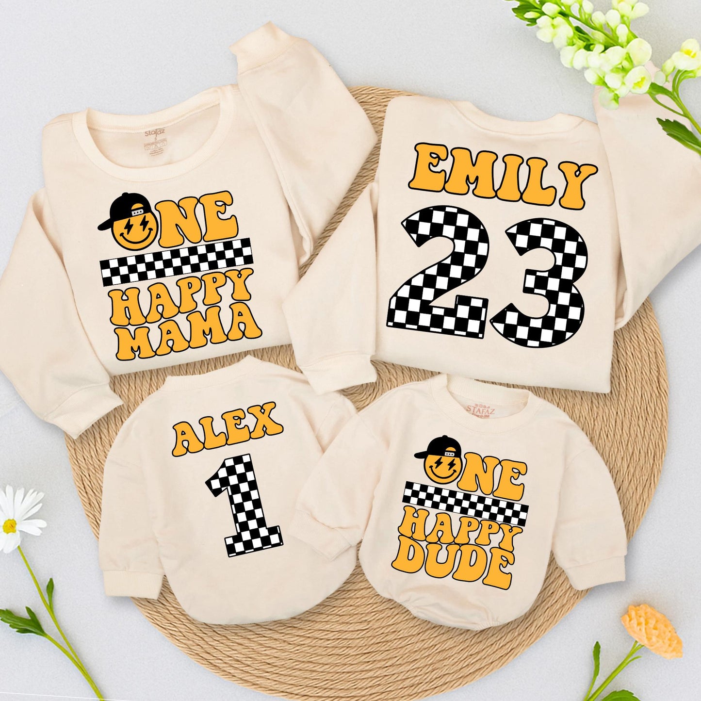 Matching Happy Dude 1st Birthday Outfit | Smiley Face Baseball Cap Design, Yellow & Black Checkered Flag Style, First Birthday Gift for Baby Boy