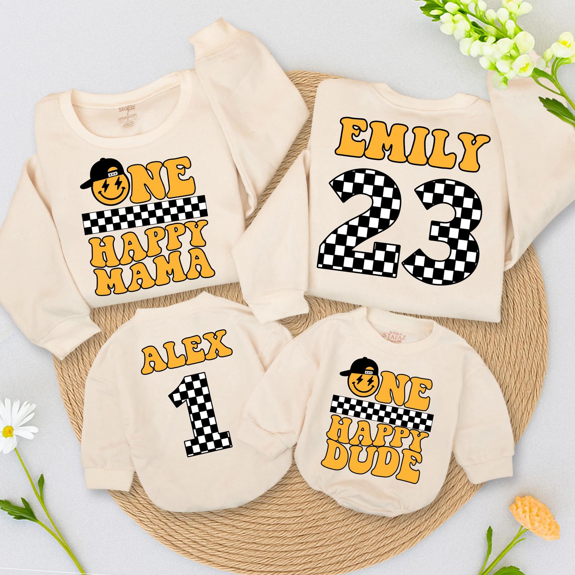 Matching Happy Dude 1st Birthday Outfit | Smiley Face Baseball Cap Design, Yellow & Black Checkered Flag Style, First Birthday Gift for Baby Boy