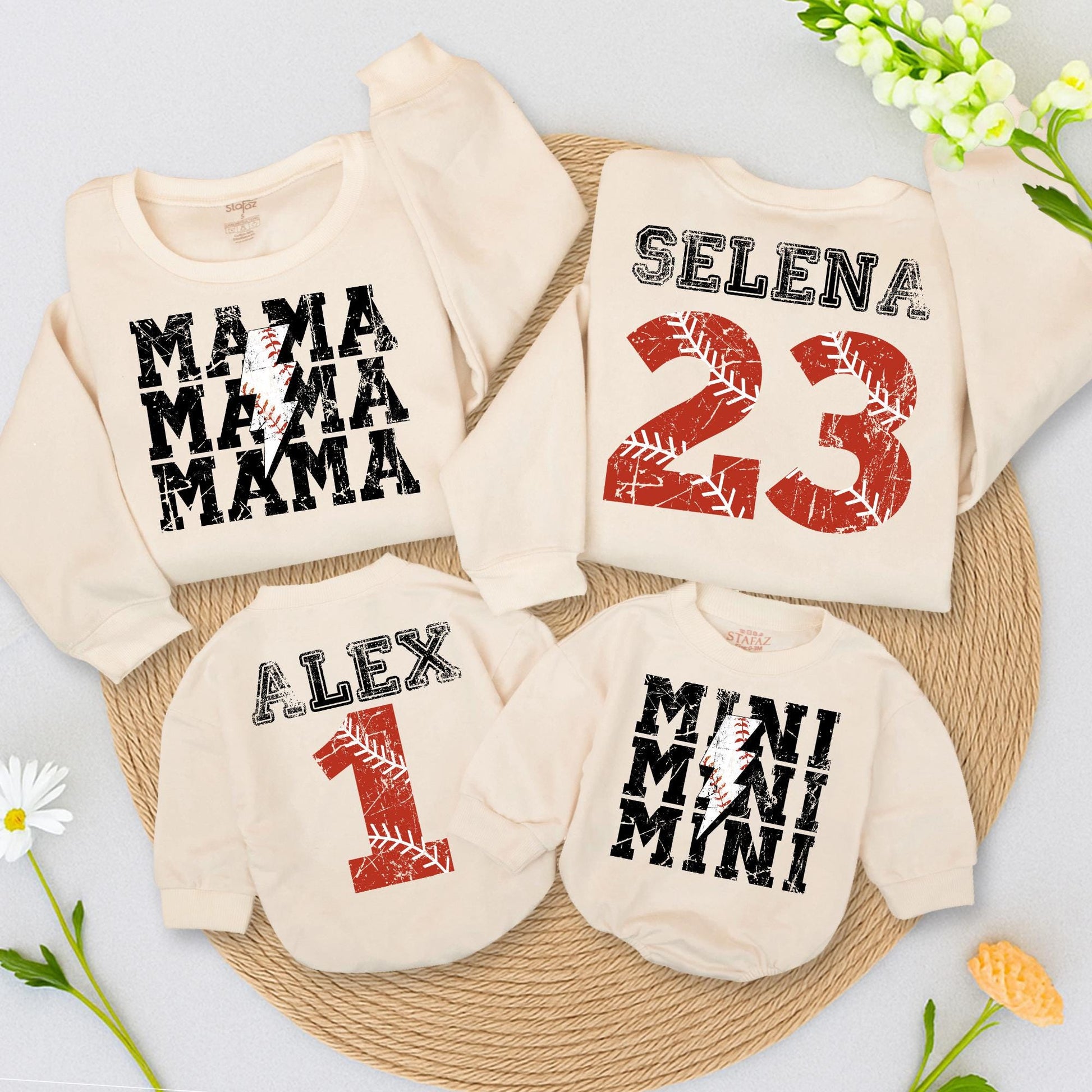 Custom Baseball Mama Sweatshirt & Mini Romper Set, Red & Black Distressed Design, Personalized Name & Number, Baseball Season Mom & Baby Matching Outfit