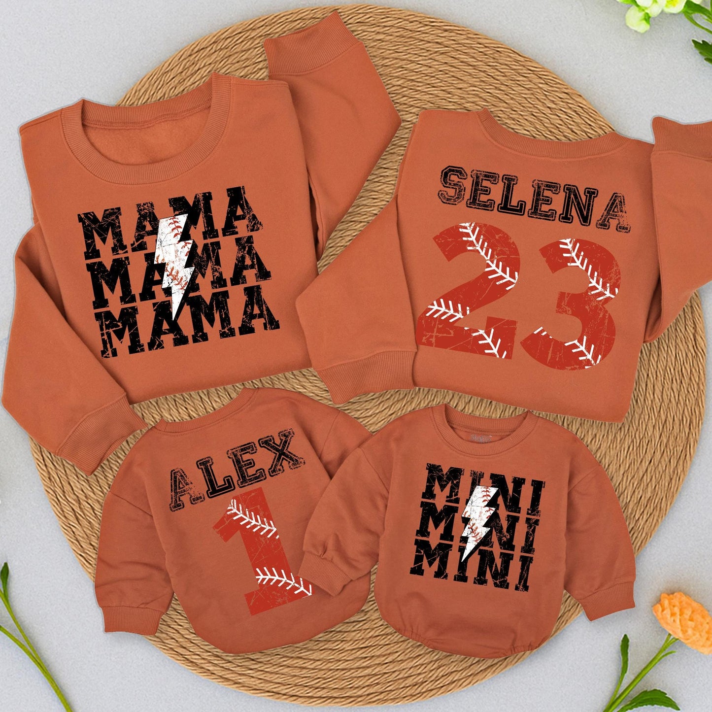 Custom Baseball Mama Sweatshirt & Mini Romper Set, Red & Black Distressed Design, Personalized Name & Number, Baseball Season Mom & Baby Matching Outfit