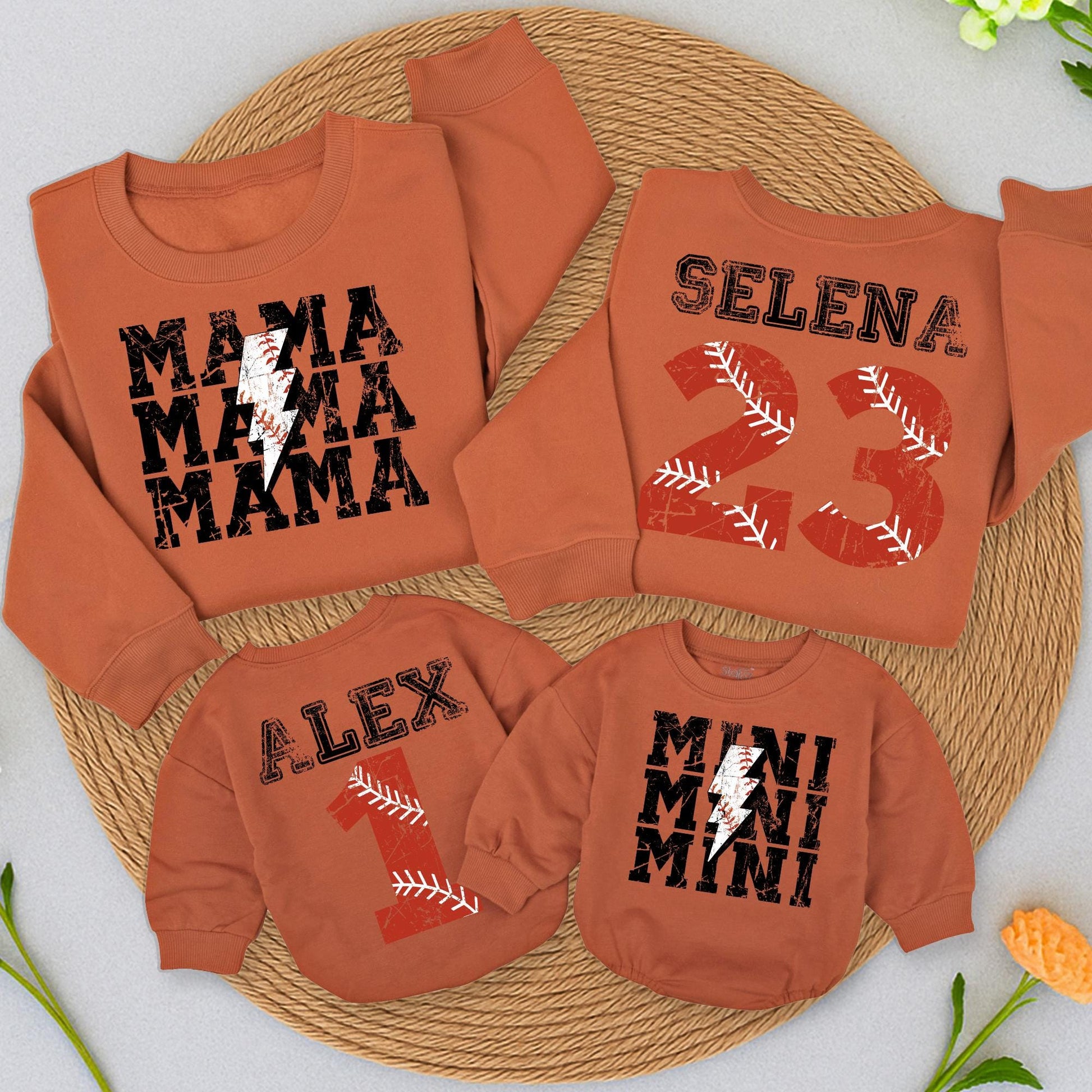 Custom Baseball Mama Sweatshirt & Mini Romper Set, Red & Black Distressed Design, Personalized Name & Number, Baseball Season Mom & Baby Matching Outfit