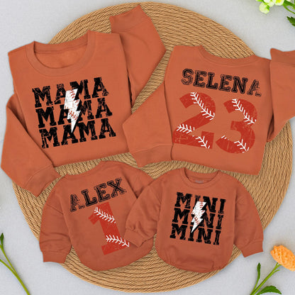 Custom Baseball Mama Sweatshirt & Mini Romper Set, Red & Black Distressed Design, Personalized Name & Number, Baseball Season Mom & Baby Matching Outfit