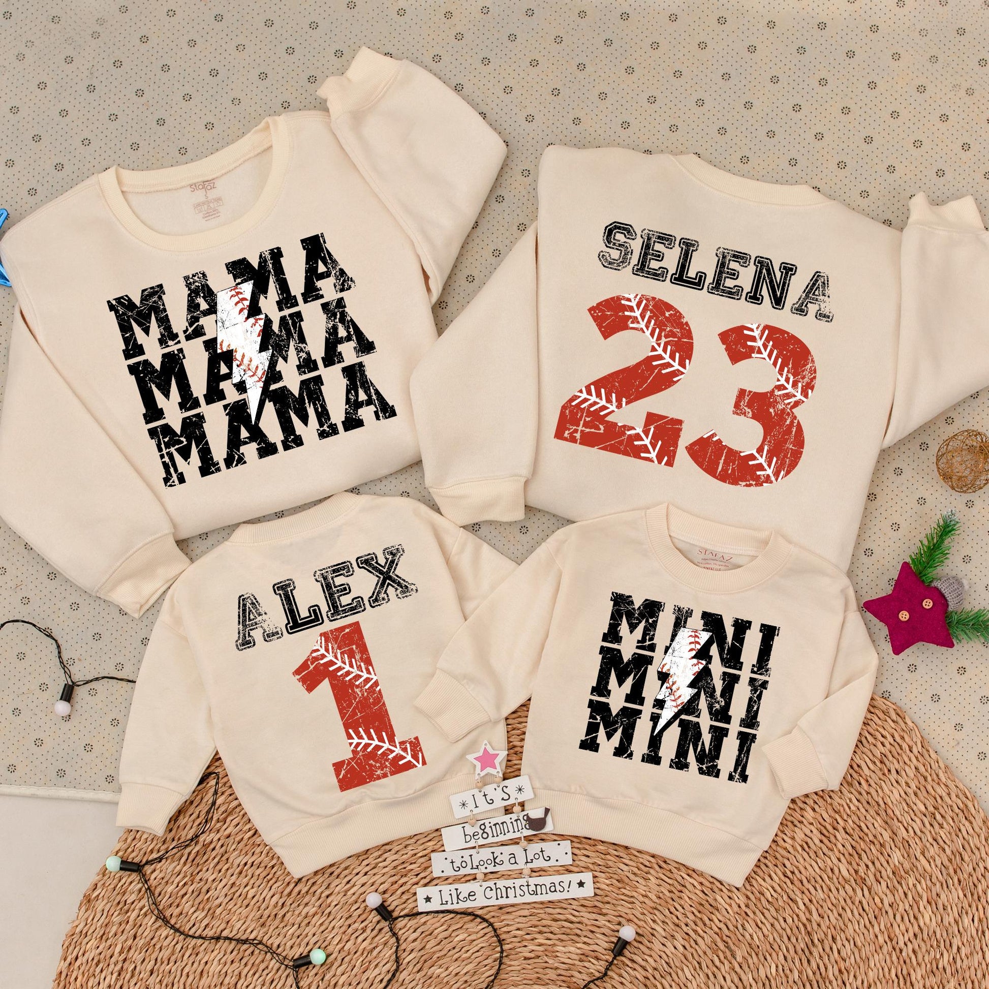 Custom Baseball Mama Sweatshirt & Mini Romper Set, Red & Black Distressed Design, Personalized Name & Number, Baseball Season Mom & Baby Matching Outfit