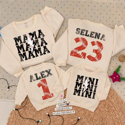 Custom Baseball Mama Sweatshirt & Mini Romper Set, Red & Black Distressed Design, Personalized Name & Number, Baseball Season Mom & Baby Matching Outfit