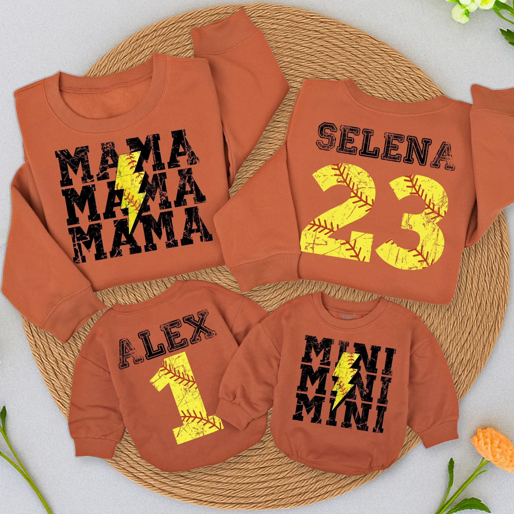 Personalized Softball Mama Mini Sweatshirt and Romper Set Distressed Vintage Sporty Game Day Mom Baby Outfits with Custom Name Number