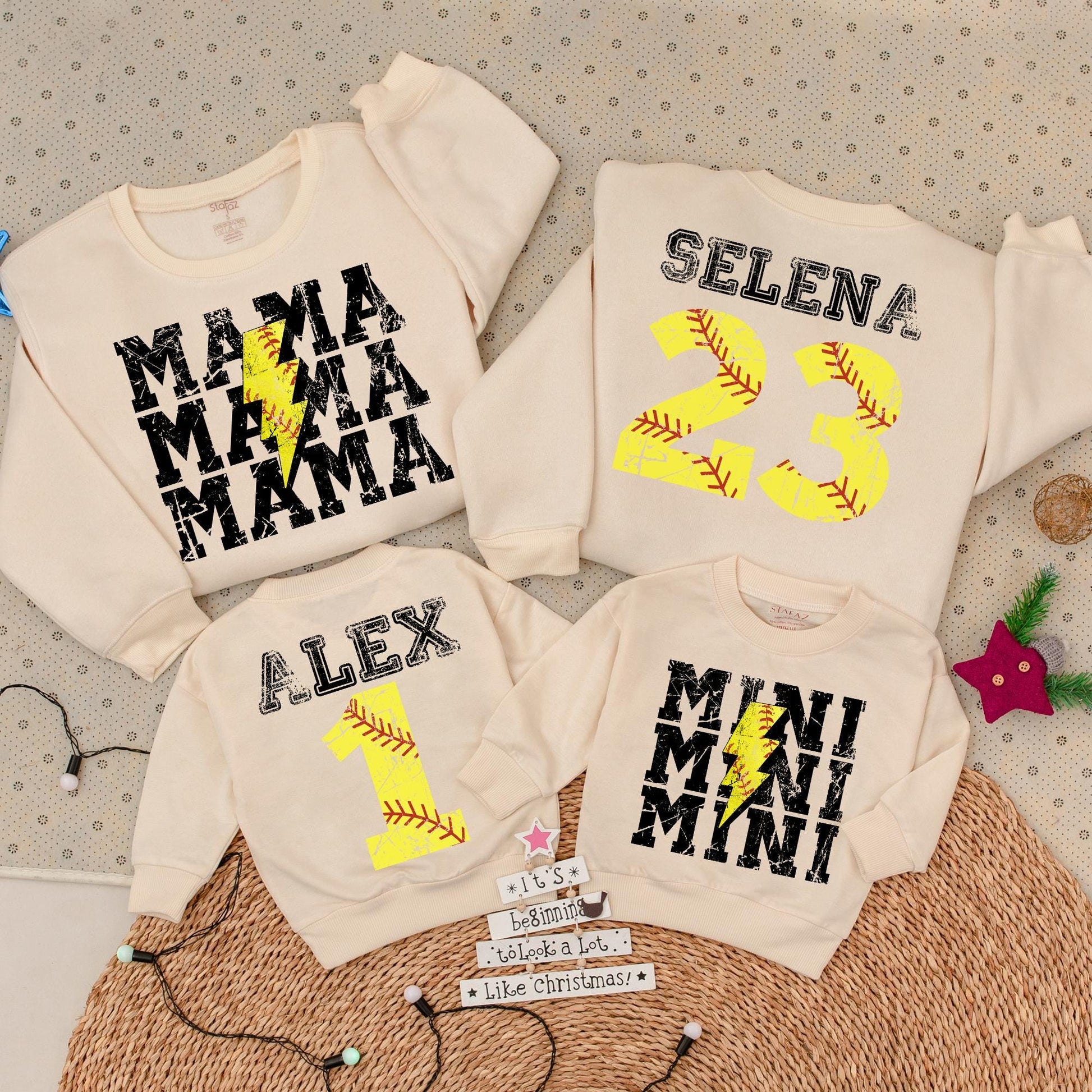 Personalized Softball Mama Mini Sweatshirt and Romper Set Distressed Vintage Sporty Game Day Mom Baby Outfits with Custom Name Number