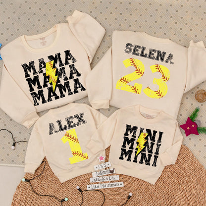 Personalized Softball Mama Mini Sweatshirt and Romper Set Distressed Vintage Sporty Game Day Mom Baby Outfits with Custom Name Number