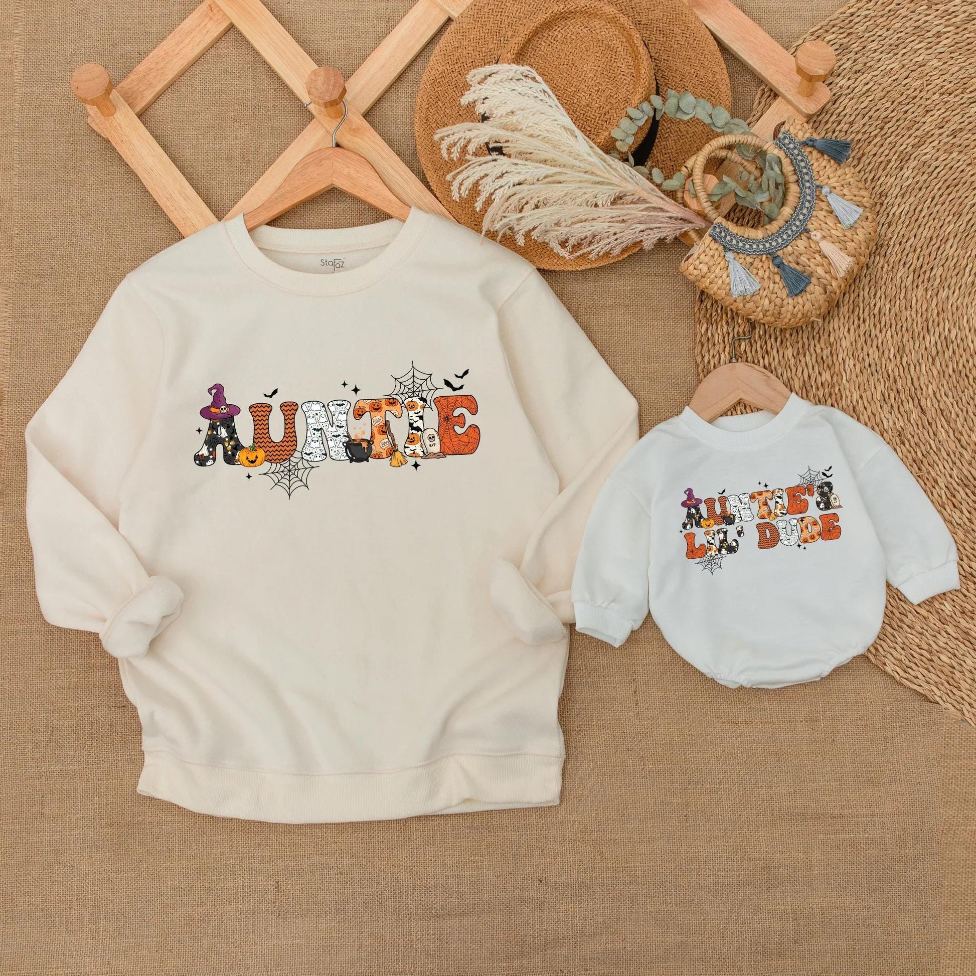 Custom Auntie and Little Dude Matching Halloween Sweatshirts Spooky Duo Fall Aunt Nephew Family Outfits