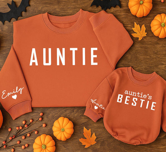 Auntie's Bestie Matching Sweatshirts - Adorable Aunt & Me Sweaters for Pumpkin Spice Season, Cute Thanksgiving Family Outfit, Personalized Emily Sleeve 139