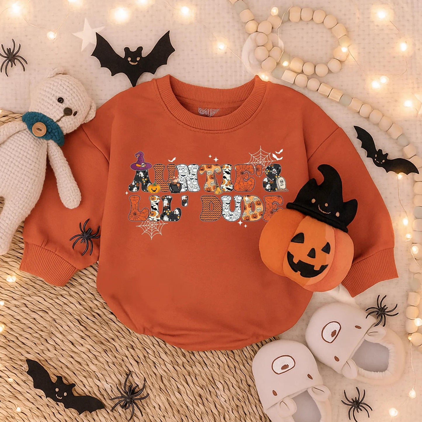 Auntie's Little Dude Halloween Romper Baby Boy Spooky Outfit Fall Infant Bodysuit Cute Gift for Nephew First Halloween Look