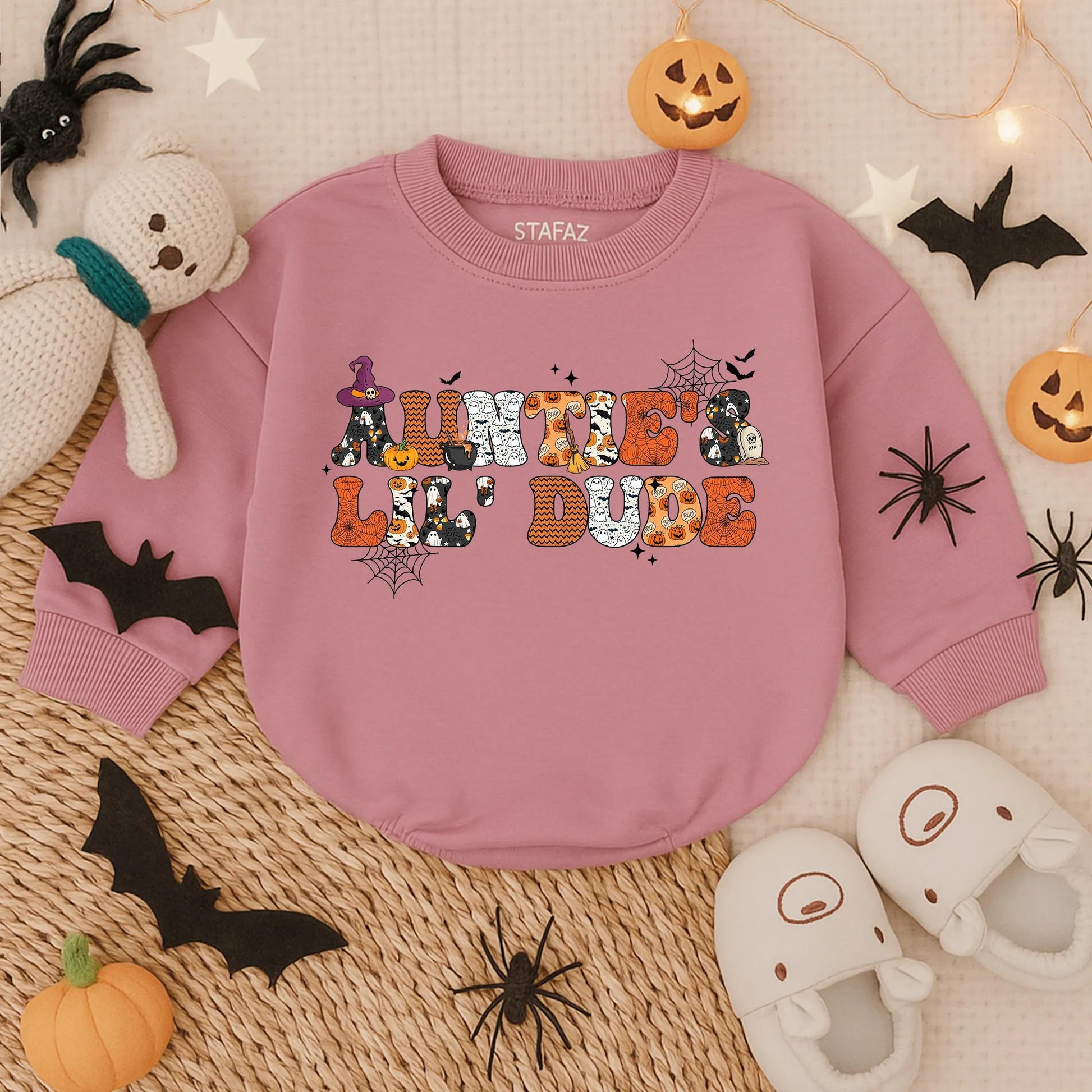 Auntie's Little Dude Halloween Romper Baby Boy Spooky Outfit Fall Infant Bodysuit Cute Gift for Nephew First Halloween Look